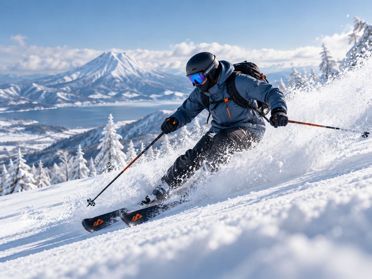 Ski 新手裝備指南封面：滑雪者在雪山上以雙板滑行